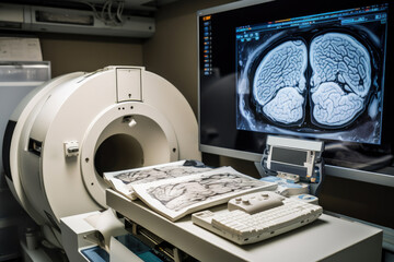 Alzheimer's disease research lab, tablet with MRI photo of the Alzheimer's diseased brain, generative AI