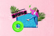 Creative retro 3d magazine collage image of carefree funky lady enjoying pool party isolated colorful background Generative AI