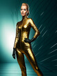 © www.freund-foto.de - Sexy Frau in Gold Motorrad Lederanzug in kurvenreiche Pose, ai generativ