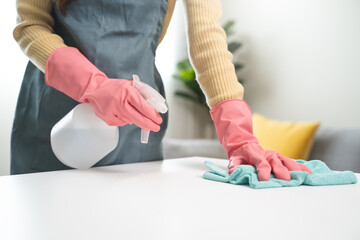 Wall Mural - happy Female housekeeper service worker wiping table surface by cleaner product to clean dust.