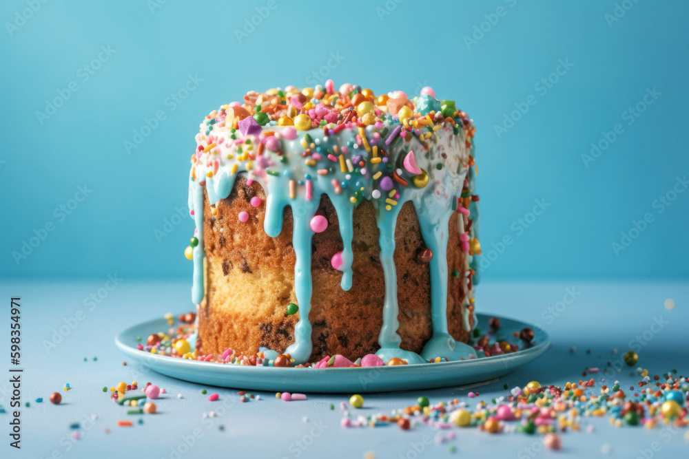 Colorful Birthday Cake with Sprinkles on Pastel Blue Background Stock ...