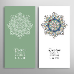 Wall Mural - Cards or Invitations set with tribal ethnic mandala ornament, doodle floral geometric pattern for wedding, bridal, Valentine's day, greeting card or birthday invitation. Decorative colorful background