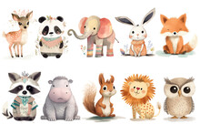 Safari Animal Set Deer, Elephant, Rabbit, Fox, Hippopotamus, Squirrel, Raccoon, Lion, Panda, Owl In 3d Style. Isolated . Generative AI