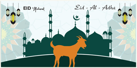 Wall Mural - Illustration vector graphic of a mosque and goat in silhouette with a glowing lantern for Eid al adha mubarak. good for background, banner, card, and poster flyer templates.