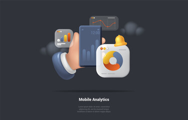 Poster - concept of mobile analytics. growth indicators on smartphone screen. hand holds phone. mobile applic
