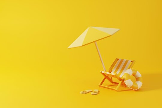 Yellow summer background with umbrella, swimming ring, beach chair and sandals. Tropical holidays vacation concept. 3D rendering