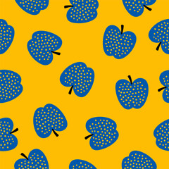 Wall Mural - Yellow seamless pattern with blue apples