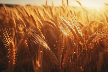 Wall Mural - Wheat field. Ears of golden wheat closeup. Harvest concept. Rural Scenery under Shining Sunlight. Nature Sunset Landscape. generative ai
