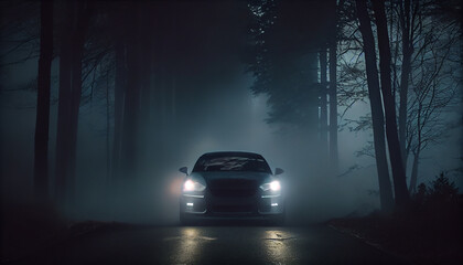 The car is driving on the road at night in the forest