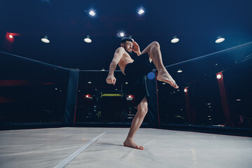 Wall Mural - MMA Training of fighter without rules in octagon cage kick in flight on dark background