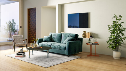 Large luxury modern bright interiors Living room mockup illustration 3D rendering computer digitally generated image
