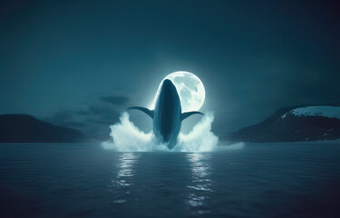 Wall Mural - Whale jumping from the ocean in full moon created with Generative AI technology