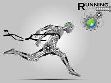 Visual Drawing Of Robot For Gear Technology Industrial, Running And Crossing A Finish Line Winning A Race,healthy Lifestyle And Sport Concepts,abstract Black And White Vector Illustration