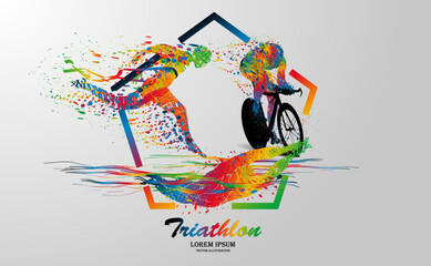 Visual drawing logo swimming, cycling and runner sport at fast of speed in triathlon game, colorful beautiful design style on white background for vector illustration, exercise sport concept