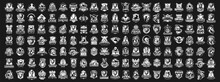 Monochrome Set Of Mascots And Sports Logos. A Huge Collection Of Black And White Emblems For Sports Clubs And Teams. Mascots Of Animals, People On The Background Of The Shield. Vector Illustration