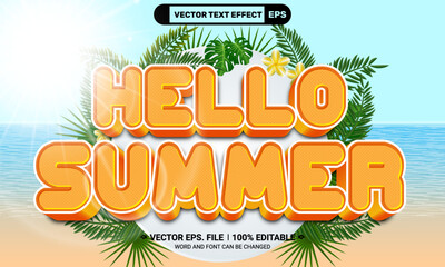 Canvas Print - Hello summer 3d editable vector text effect with palm leaves