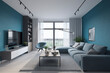 © Anna - Modern living room, clean minimalistic interior design,  light blue and white colors. Super photo realistic background, generative ai illustration.