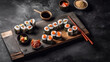 © Руслан Хайруллин - Sushi rolls with rice and fish, soy sauce on a dark stone, top view , generative ai