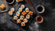 © Руслан Хайруллин - Sushi rolls with rice and fish, soy sauce on a dark stone, top view , generative ai