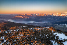 View Of Lake Annecy (France) And The Alps From The Semnoz, A Family Ski Resort, South Of Annecy. Mont-Blanc (4808 M) Can Be Seen.