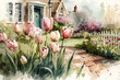 tulips in a garden in aquarelle style, ai generated