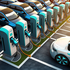 Electric cars charging. Generative AI.