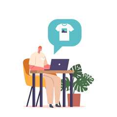 Poster - Designer Male Character Creates Unique T-shirt Print Using Laptop And Design Software. Sketching, Selecting Colors Generative AI