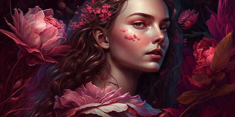 Wall Mural - Spring or summer design of a woman face expression decorated with flowers. Pink flowers concept for mother's day, woman day or valentine. Generative Ai.