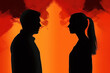 Quarrel, abuse, conflict, relationship problem, divorce illustration concept. Silhouette man and woman, faceless husband and wife swear on a red background. Generative AI