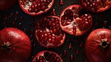 Generative AI, Macro Fresh Juicy Half And Whole Of Pomegranate Fruit Background As Pattern. Closeup Photo With Drops Of Water