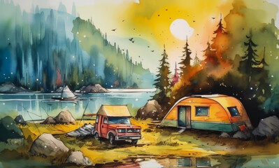 Sticker - colorful camp with tent and campfire and motorhome, watercolor illustration, generative ai