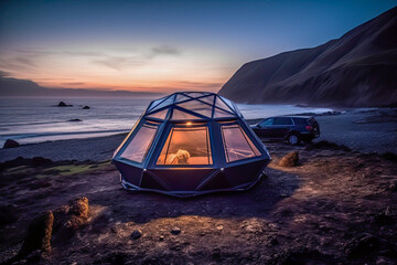 Sticker - tent of the future, camping, transparent, glamping, in the sea, generative ai