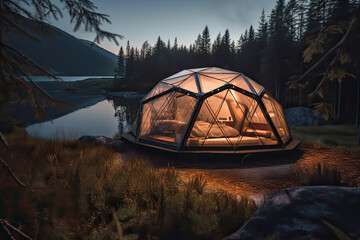 Sticker - tent of the future, camping, transparent, glamping, in the lake, generative ai