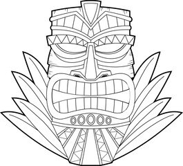 Outlined Cartoon Tiki Tribal Wooden Mask With Leaves. Vector Hand Drawn Illustration Isolated On Transparent Background