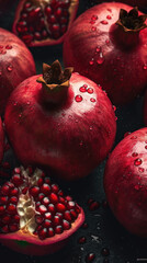 Fresh pomegranates with water drops, close-up shot on black background. Generative AI.	