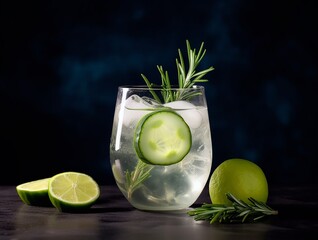 Wall Mural - Cocktail with lime, rosemary and ice on dark background