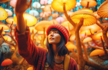 Asian Woman Having Psychedelic Experience On Magic Mushrooms. 