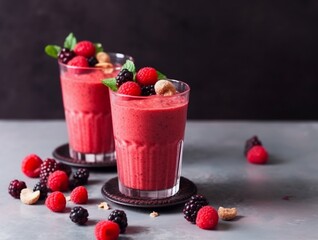 Wall Mural - Healthy berry smoothie with raspberry, blackberry and mint in glasses.