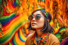 Asian Woman Having A Psychedelic Retro Acid Experience. Generative AI