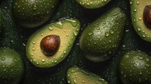 Generative AI, Macro Fresh Juicy Half And Whole Of Green Avocado Fruit Background As Pattern. Closeup Photo With Drops Of Water