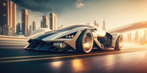 Poster - Elegant luxury super sports car future design driving on modern city highway Generative AI