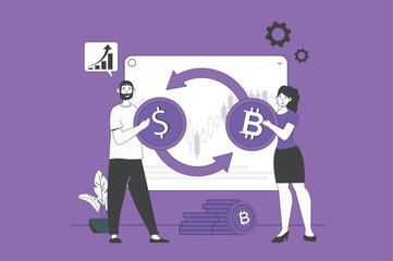 Aufkleber - Cryptocurrency web concept with character scene in flat design. People making online transactions and investing money in crypto exchange. Vector illustration for social media marketing material.