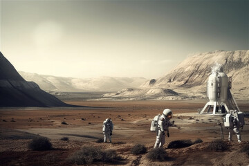 Wall Mural - astronauts wearing space suits walking on red planet, standing near base for colonization. martian c