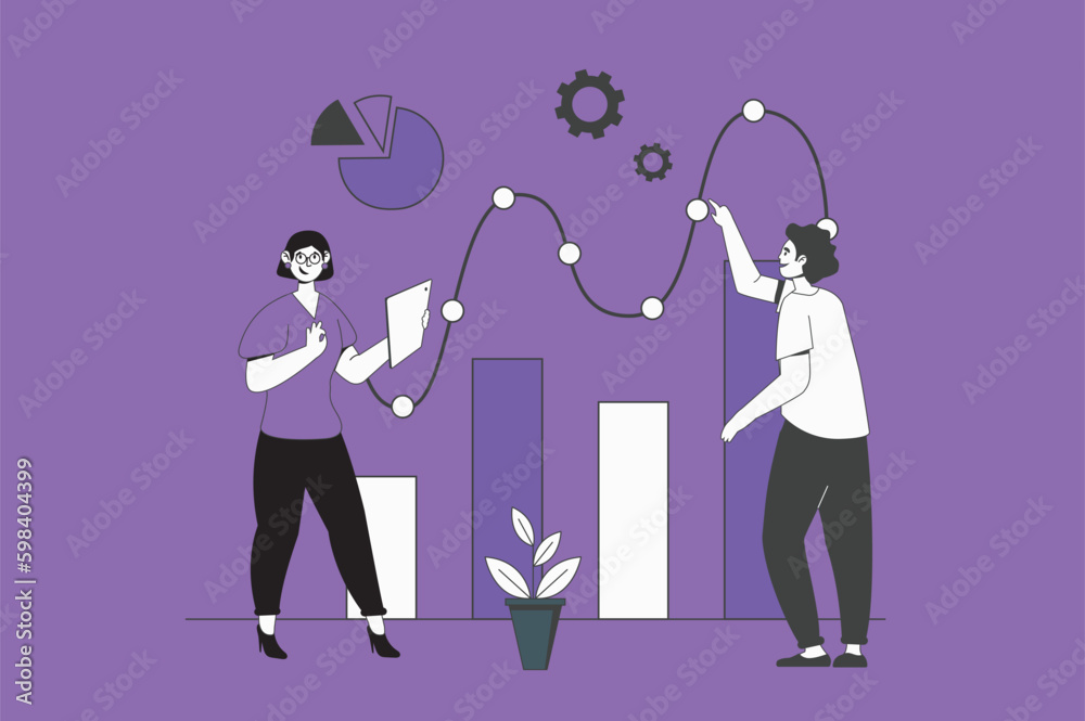 Line graph web concept with character scene in flat design. People ...