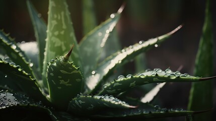 Closeup of aloe tropical plant leaves with rain drops. Green natural backdrop. Generative AI