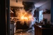 © Michael - Smoke and fire during an accident in a kitchen created with generative AI technology.