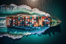 Cargo Container Ship At Sea - Aerial View. AI