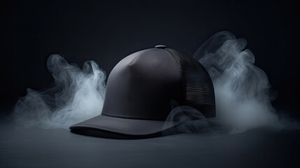 Black baseball cap on a black background. Mock up design.