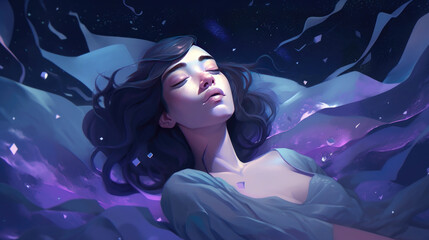 Wall Mural - lucid dreaming astral projection close up woman meditation illustration generative ai
