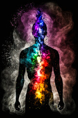 beautiful black and white human silhouette with vaporous representation of the seven chakras brighte